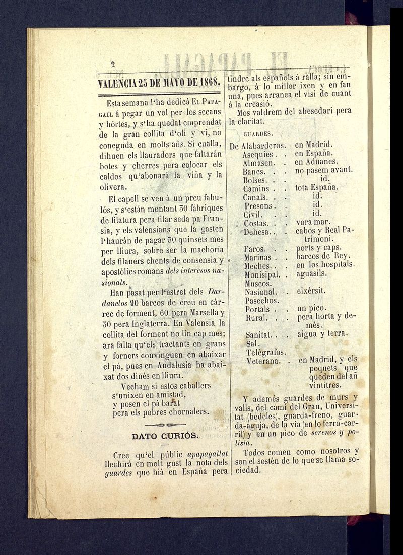 El Papagall: semanario bilinge, satric y plors del 25 de mayo de 1868