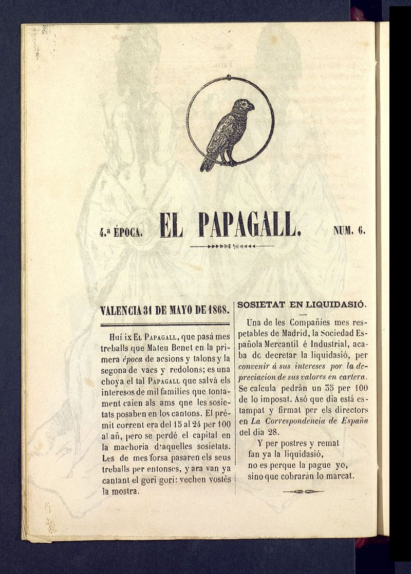 El Papagall: semanario bilinge, satric y plors del 31 de mayo de 1868