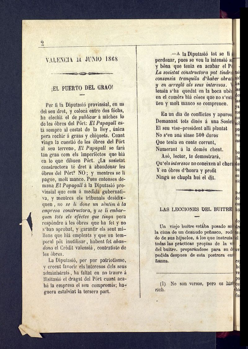 El Papagall: semanario bilinge, satric y plors del 14 de junio de 1868