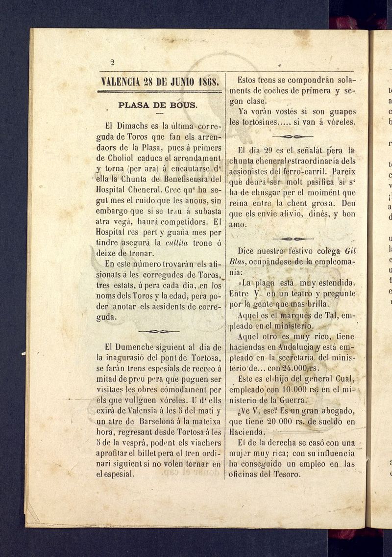 El Papagall: semanario bilinge, satric y plors del 28 de junio de 1868