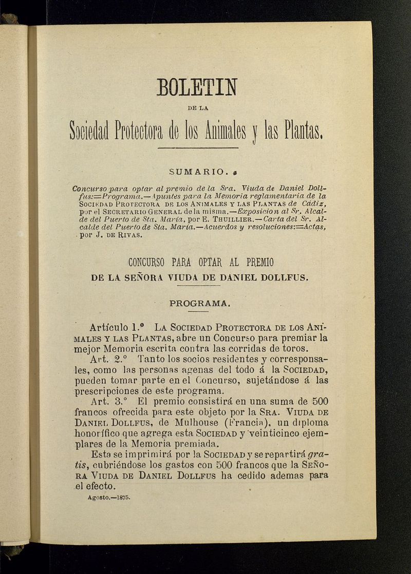 Boletn de la Sociedad Protectora de los Animales y las plantas de Cdiz de agosto de 1875