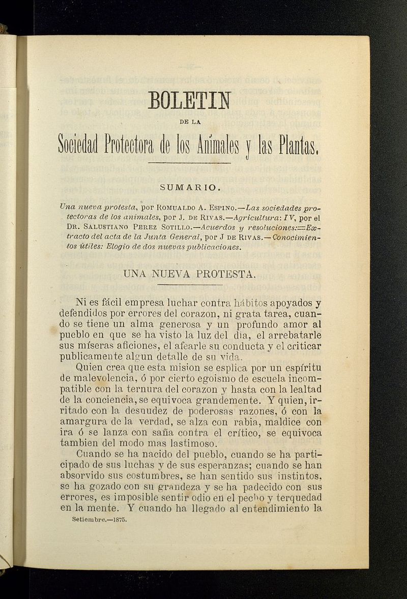 Boletn de la Sociedad Protectora de los Animales y las plantas de Cdiz de septiembre de 1875