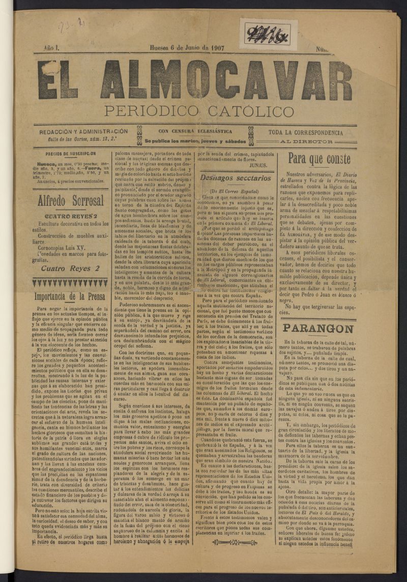 El almogvar: Peridico catlico del 6 de junio de 1907
