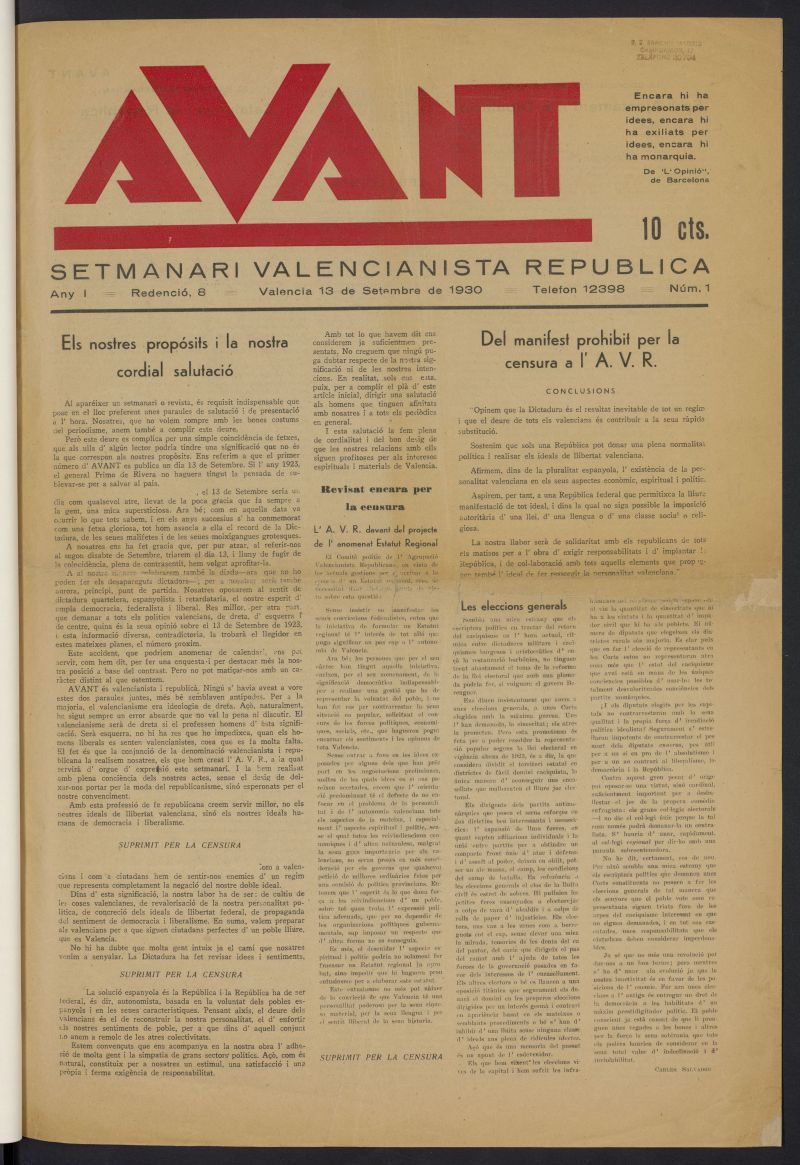 Avant: Setmanari Valencianista Republic del 13 de septiembre de 1930
