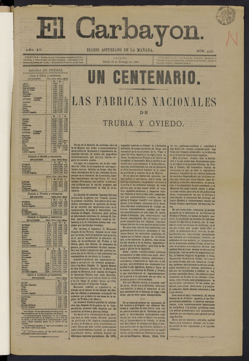 El carbayn: diario asturiano de la maana del 16 de diciembre de 1893