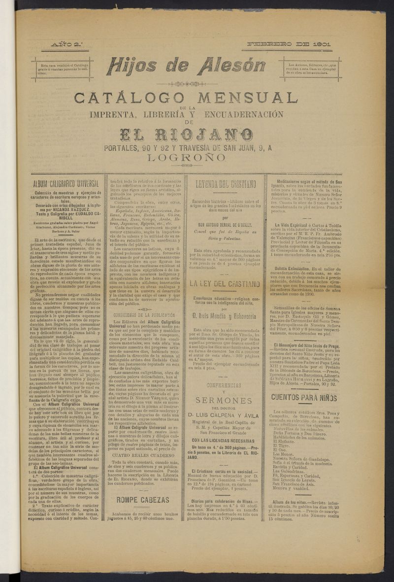 Catlogo Mensual de la Imprenta, Librera y Encuadernacin de El Riojano