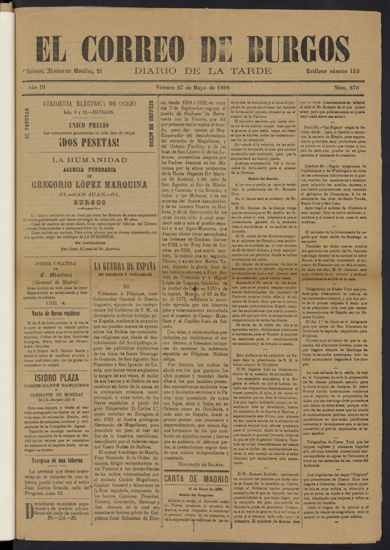El Correo de Burgos: diario de la tarde del 27 de mayo de 1898