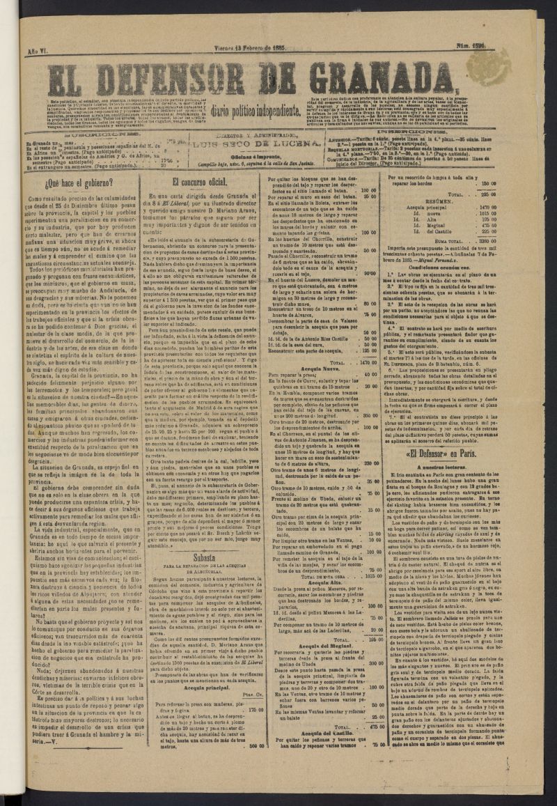 El Defensor de Granada: diario poltico independiente del 13 de febrero de 1885