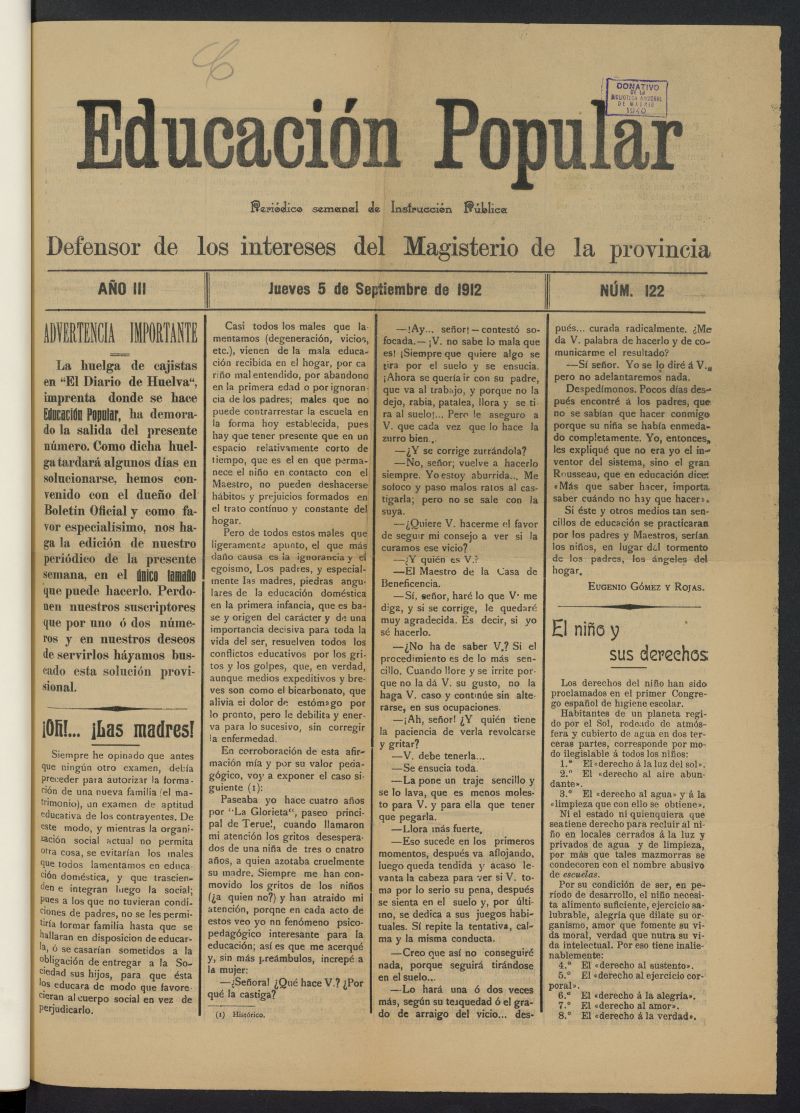 Educacin popular: peridico semanal de instruccin pblica del 5 de septiembre de 1912