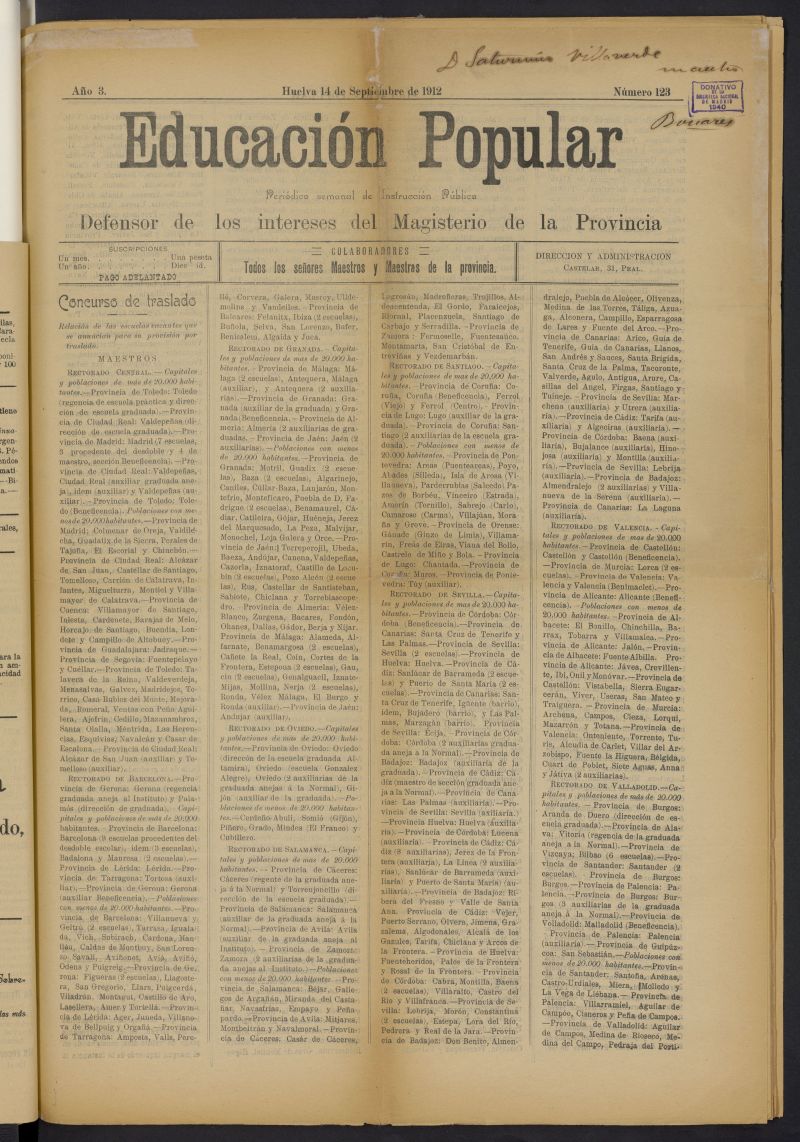 Educacin popular: peridico semanal de instruccin pblica del 14 de septiembre de 1912