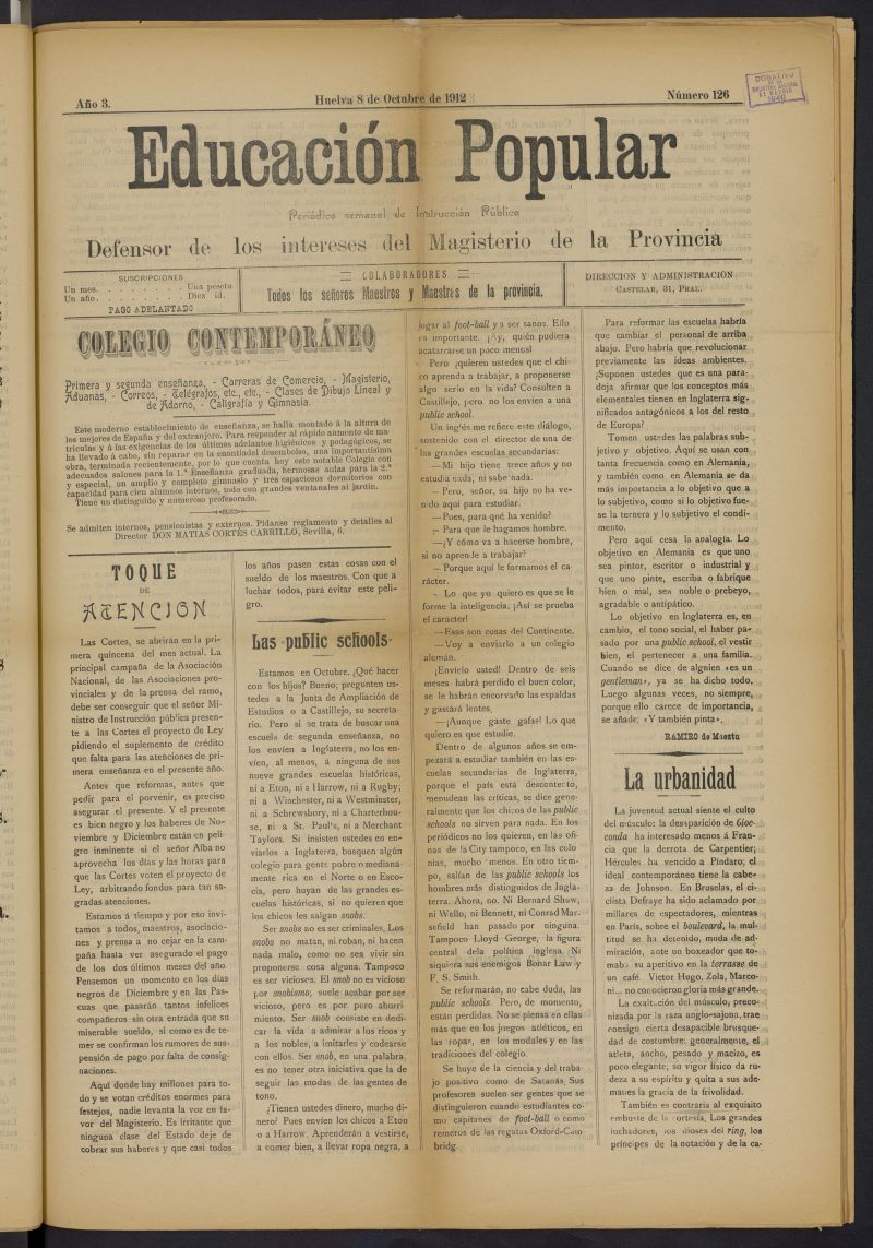 Educacin popular: peridico semanal de instruccin pblica del 8 de octubre de 1912