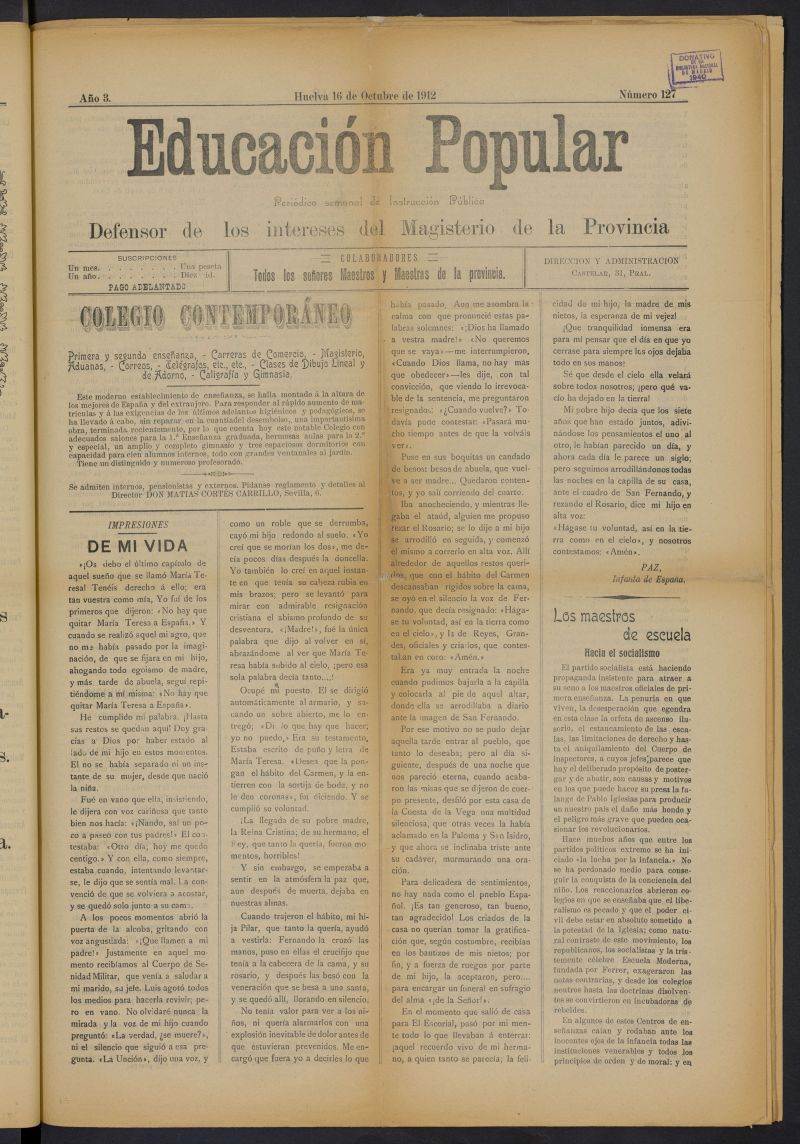 Educacin popular: peridico semanal de instruccin pblica del 16 de octubre de 1912