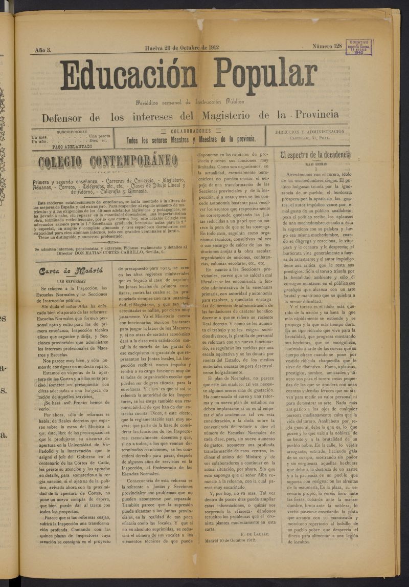 Educacin popular: peridico semanal de instruccin pblica del 23 de octubre de 1912