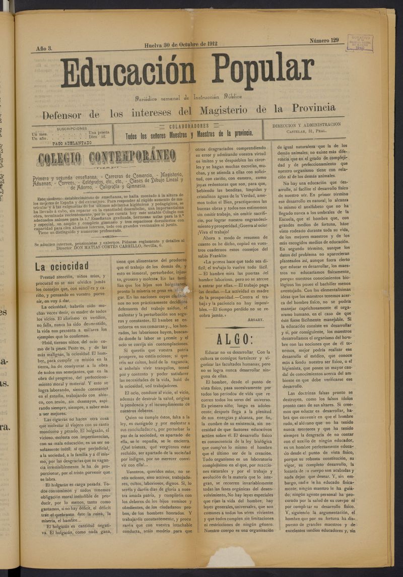 Educacin popular: peridico semanal de instruccin pblica del 30 de octubre de 1912