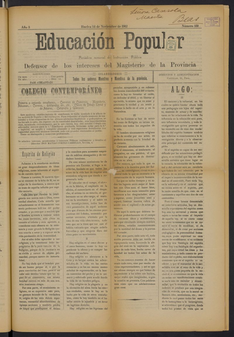 Educacin popular: peridico semanal de instruccin pblica del 14 de noviembre de 1912