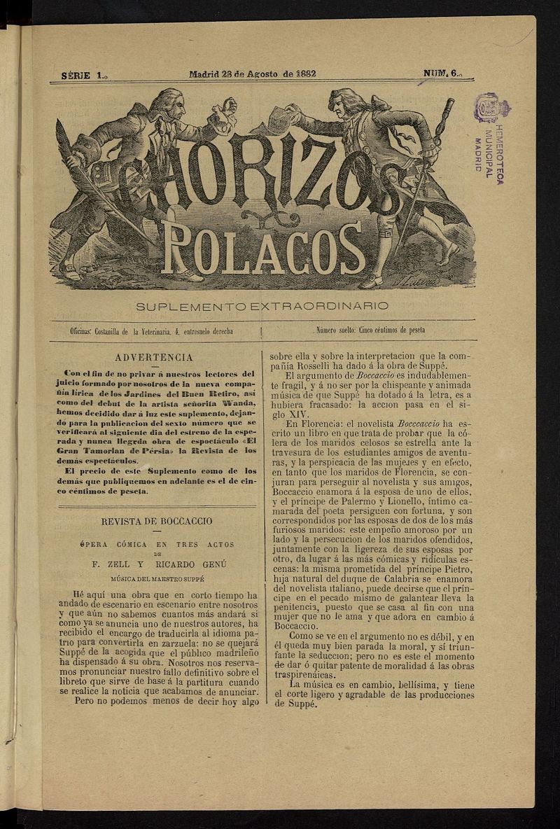 Chorizos y Polacos: revista festiva-teatral del 28 de agosto de 1882