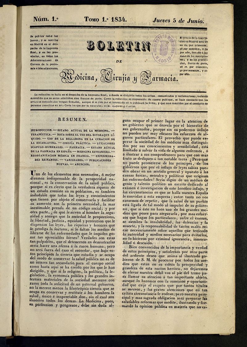 Boletín de Medicina, Cirugía y Farmacia del 5 de junio de 1834
