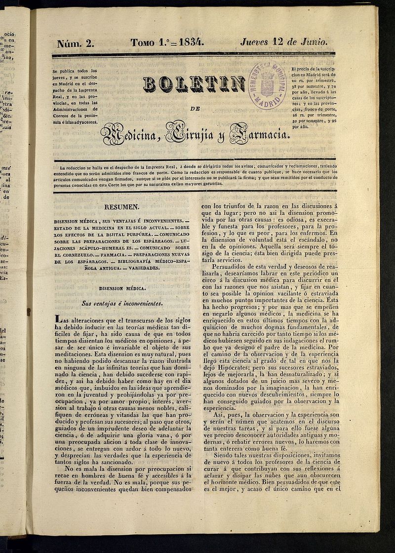 Boletín de Medicina, Cirugía y Farmacia del 12 de junio de 1834