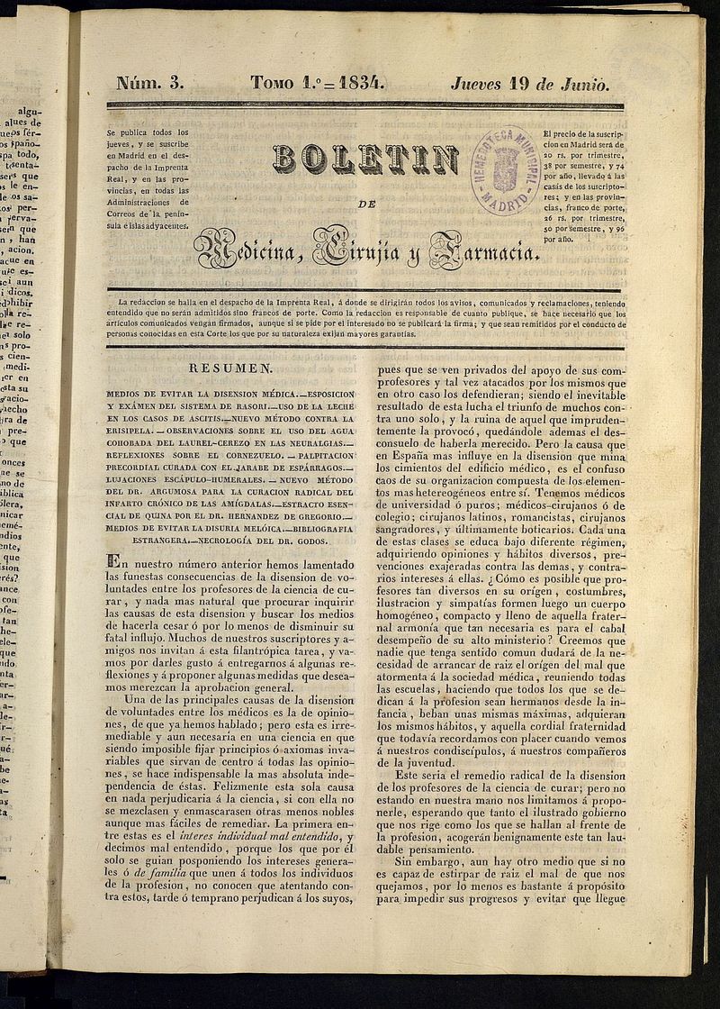Boletín de Medicina, Cirugía y Farmacia del 19 de junio de 1834