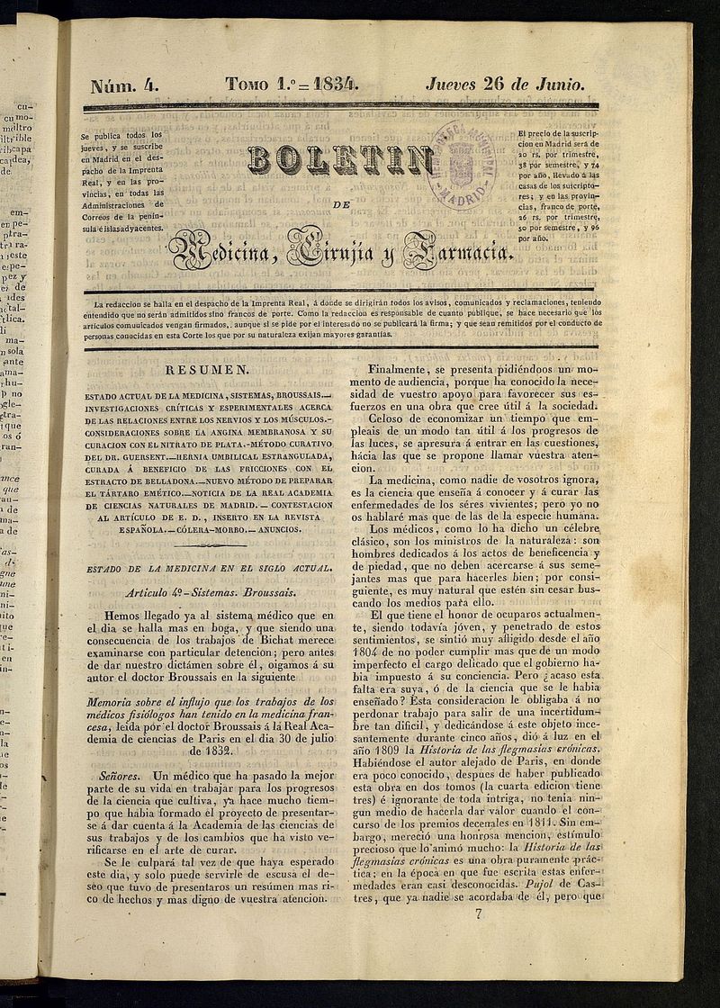 Boletín de Medicina, Cirugía y Farmacia del 26 de junio de 1834
