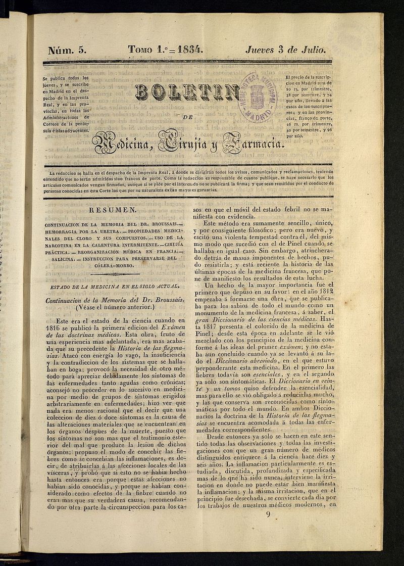 Boletín de Medicina, Cirugía y Farmacia del 3 de julio de 1834