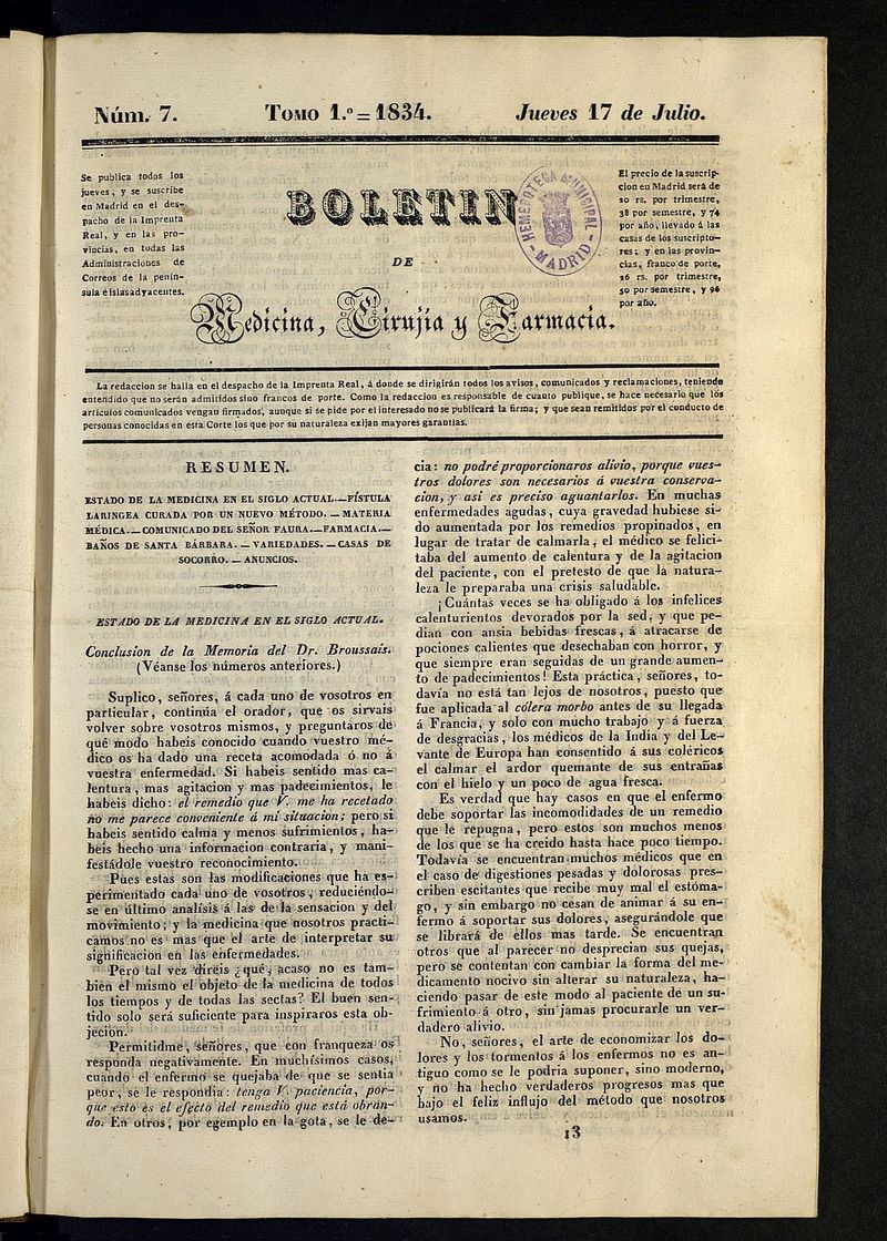 Boletín de Medicina, Cirugía y Farmacia del 17 de julio de 1834