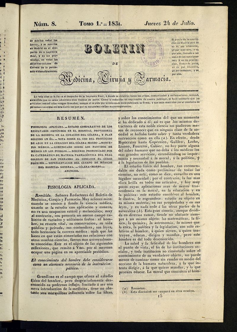 Boletín de Medicina, Cirugía y Farmacia del 24 de julio de 1834