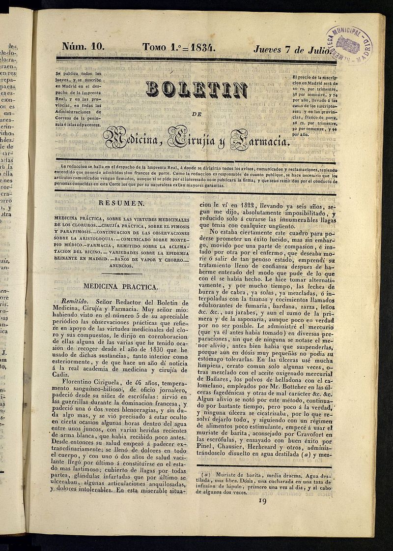 Boletín de Medicina, Cirugía y Farmacia del 7 de julio de 1834
