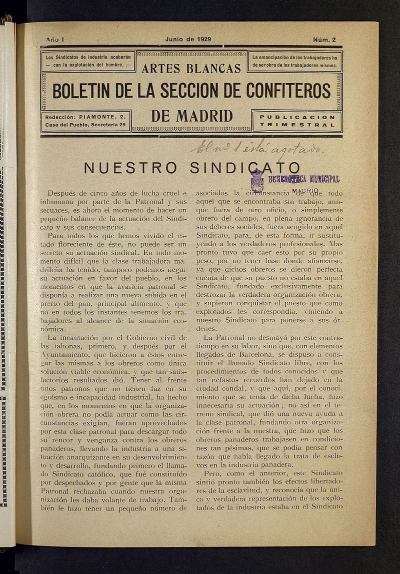 Boletn de la Seccin de Confiteros de Madrid: Artes Blancas de junio de 1929