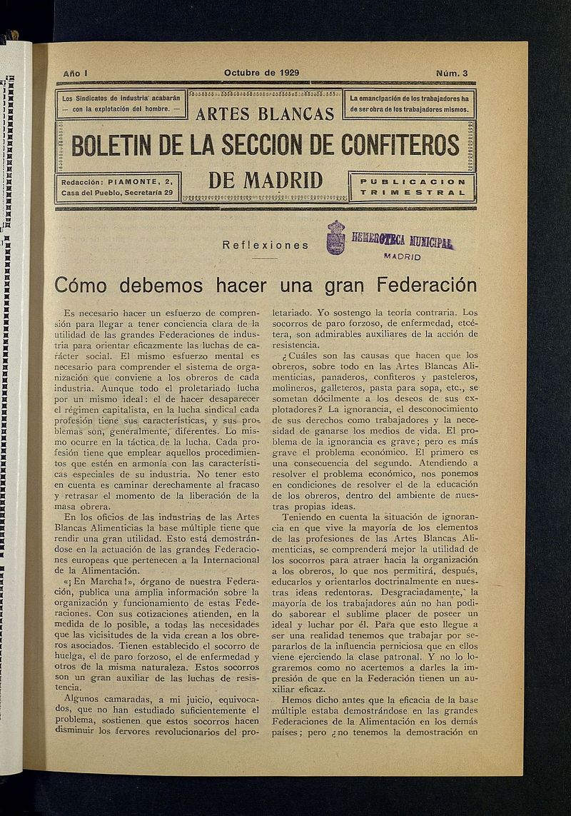 Boletn de la Seccin de Confiteros de Madrid: Artes Blancas de octubre de 1929