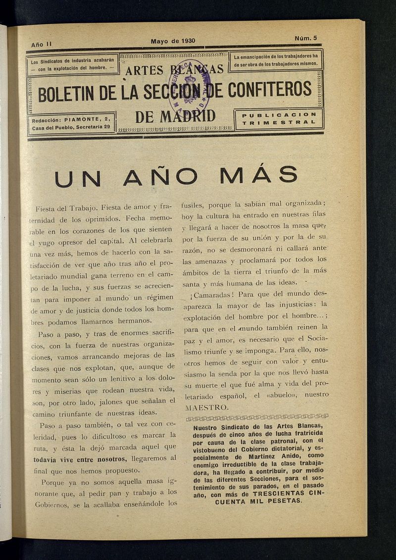 Boletn de la Seccin de Confiteros de Madrid: Artes Blancas de mayo de 1930