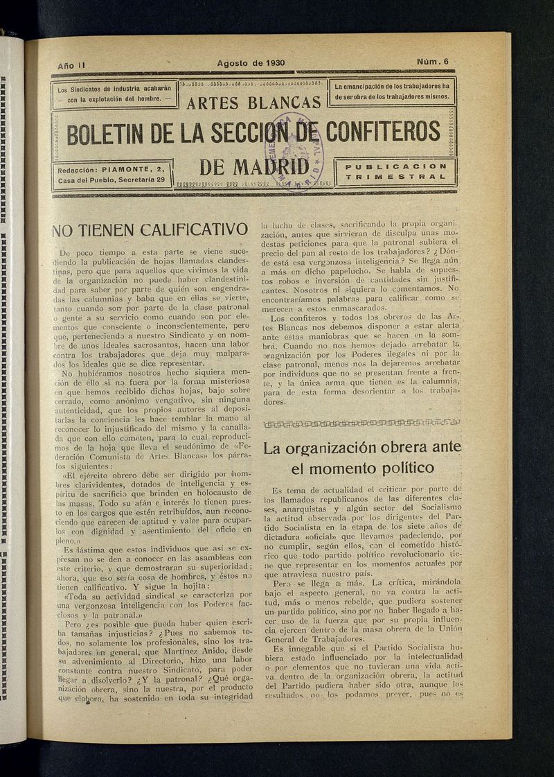 Boletn de la Seccin de Confiteros de Madrid: Artes Blancas de agosto de 1930