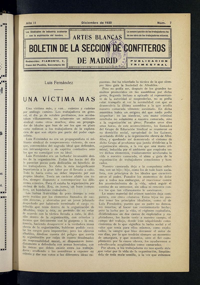 Boletn de la Seccin de Confiteros de Madrid: Artes Blancas de diciembre de 1930
