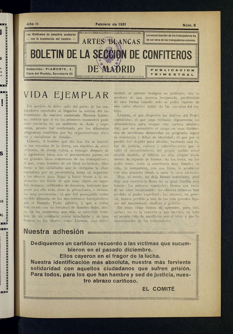 Boletn de la Seccin de Confiteros de Madrid: Artes Blancas de febrero de 1931