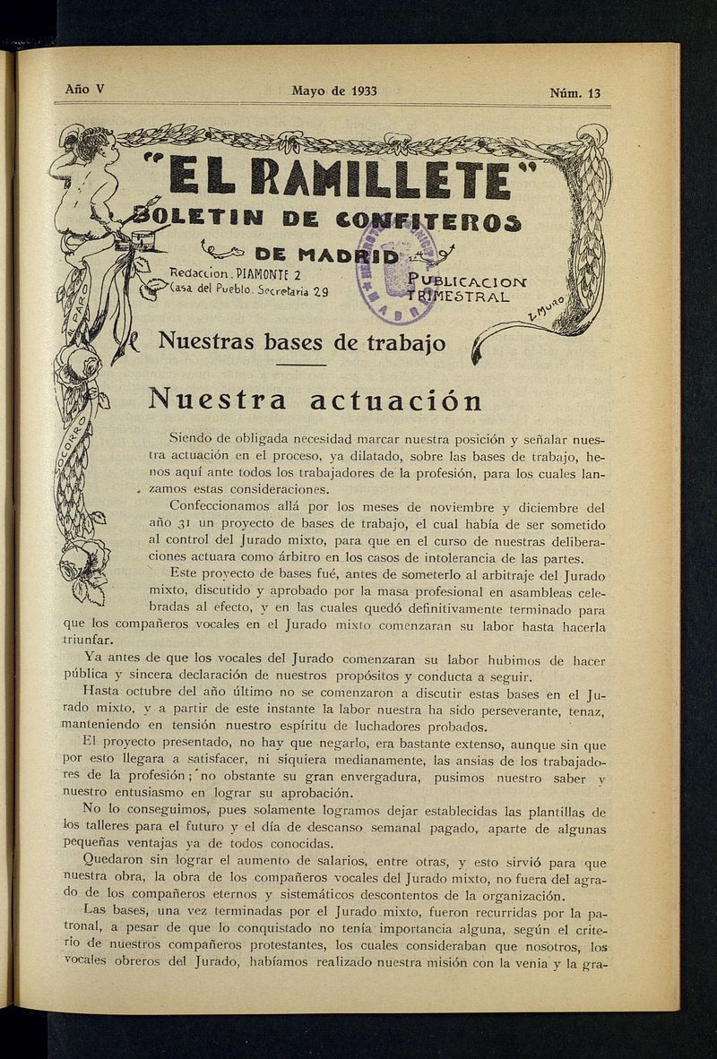 El ramillete: Boletn de confiteros de Madrid  de mayo de 1933, n 13