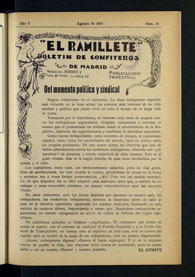 El ramillete: Boletn de confiteros de Madrid de agosto de 1933, n 14