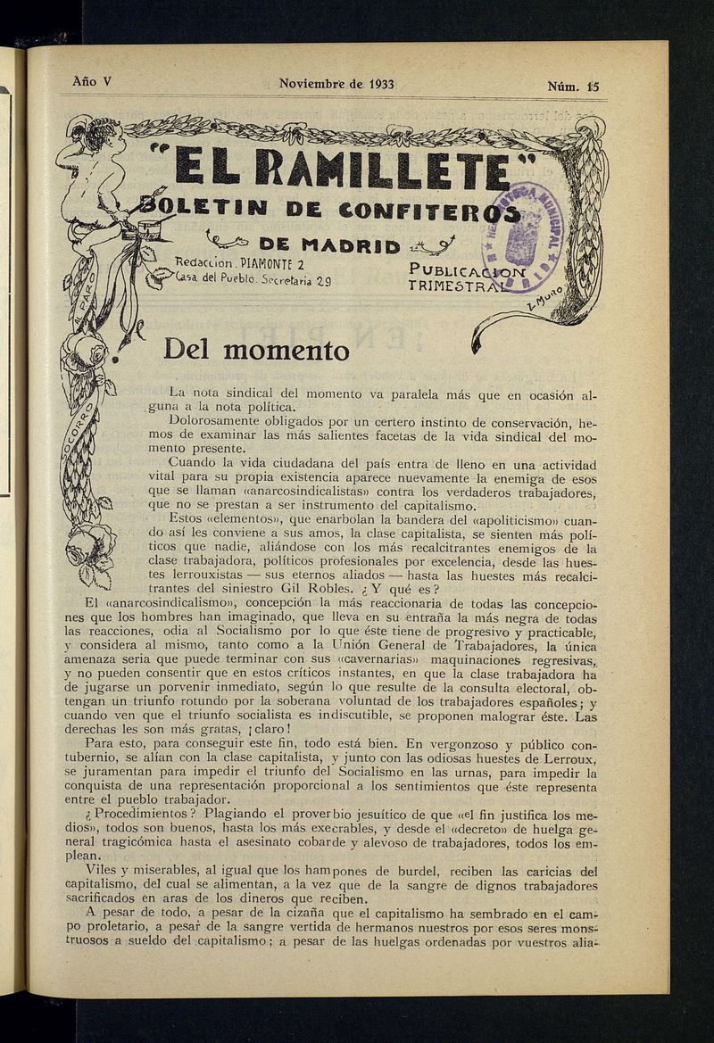 El ramillete: Boletn de confiteros de Madrid de noviembre de 1933, n 15