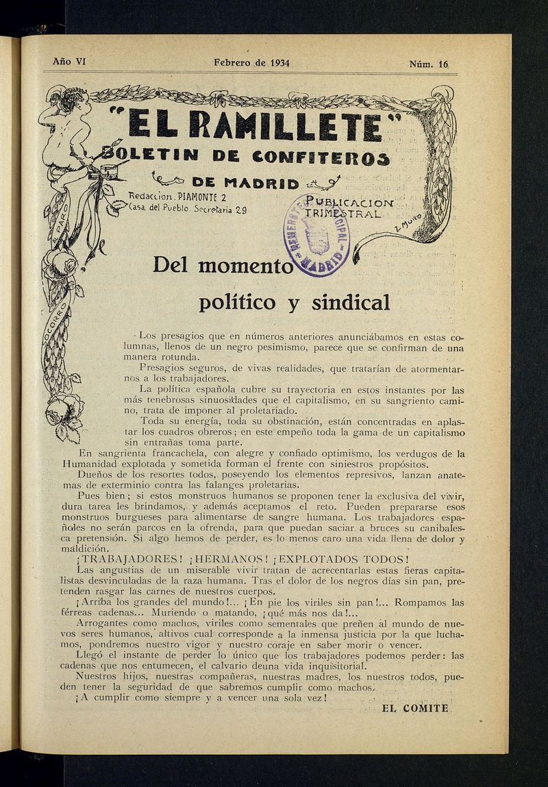 El ramillete: Boletn de confiteros de Madrid de febrero de 1934, n 16