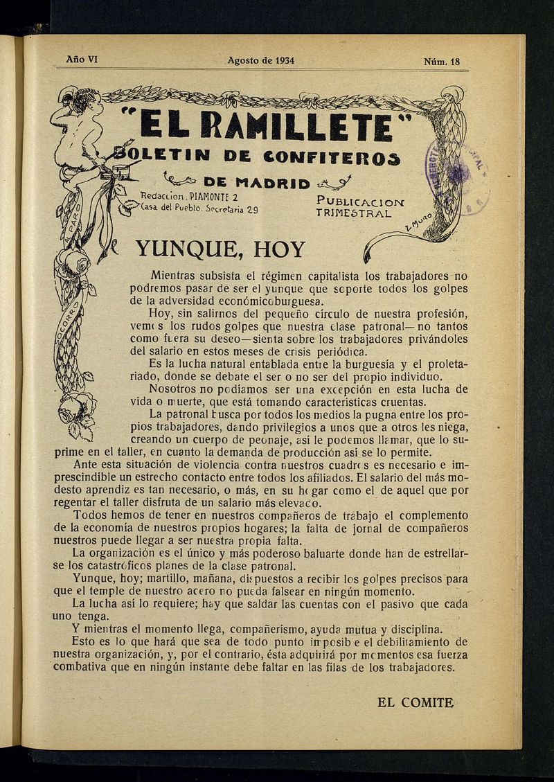 El ramillete: Boletn de confiteros de Madrid de agosto de 1934, n 18