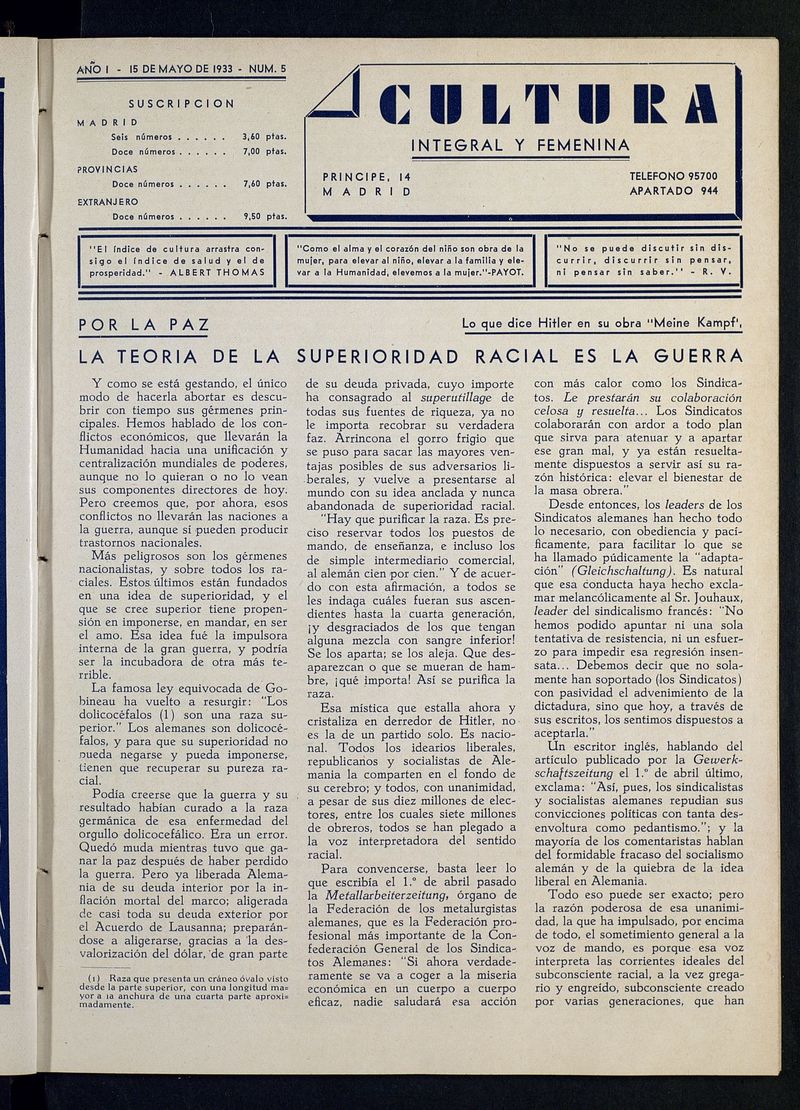 Cultura Integral y Femenina del 15 de mayo de 1933