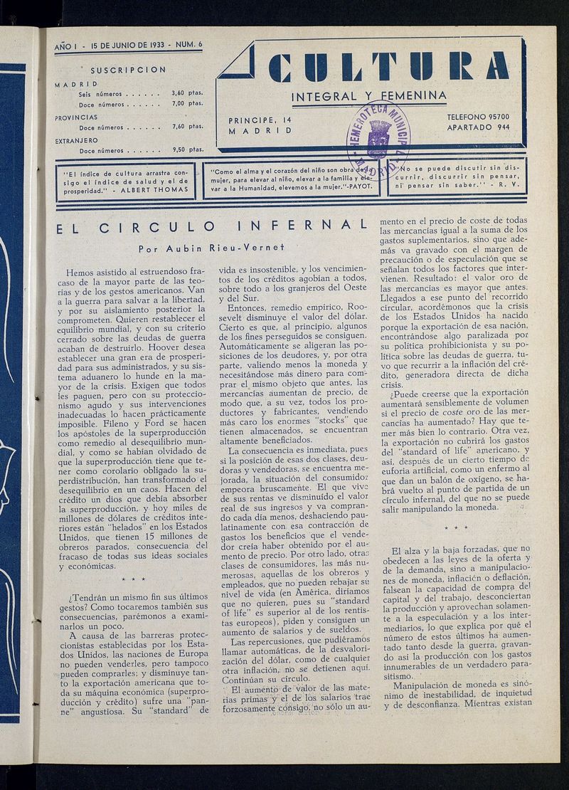 Cultura Integral y Femenina del 15 de junio de 1933