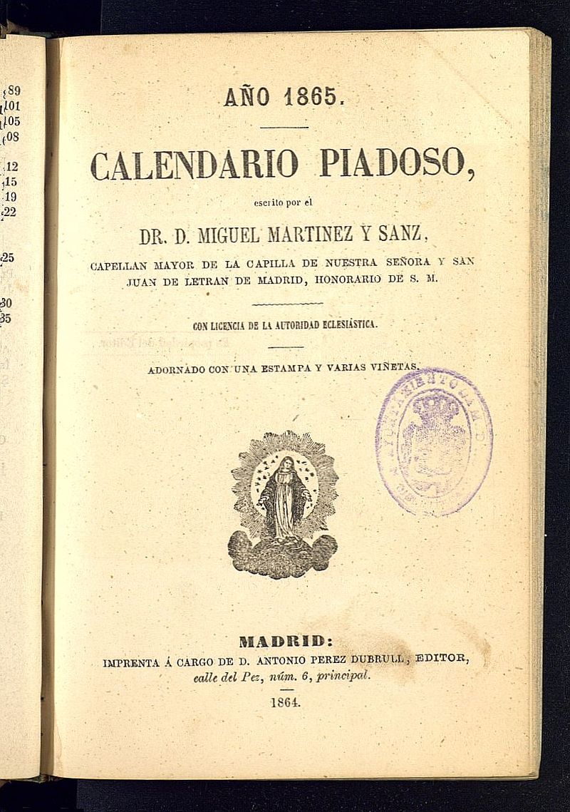 Calendario Piadoso del ao de 1865