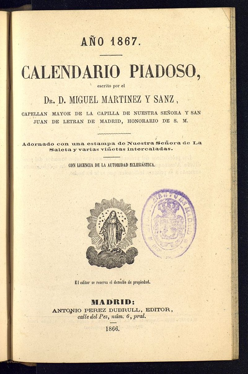 Calendario Piadoso del ao de 1867