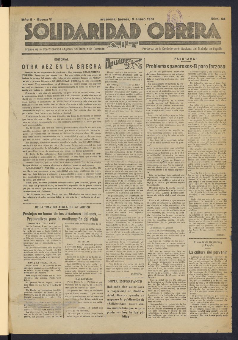 Solidaridad Obrera: diario de la maana del 8 de enero de 1931