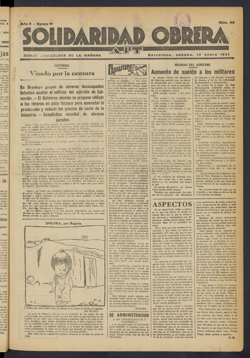 Solidaridad Obrera: diario de la maana del 10 de enero de 1931