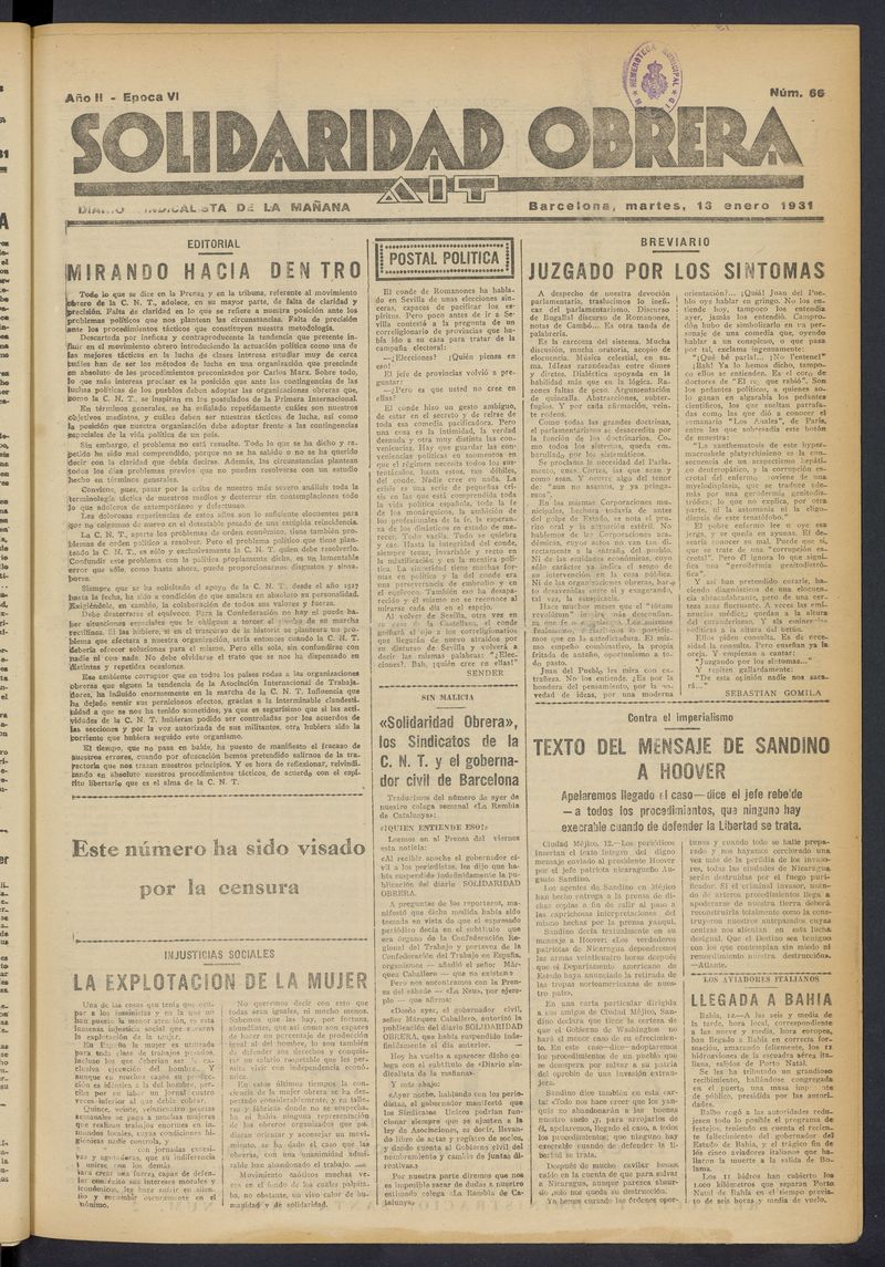 Solidaridad Obrera: diario de la maana del 13 de enero de 1931