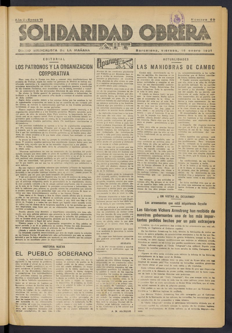 Solidaridad Obrera: diario de la maana del 16 de enero de 1931