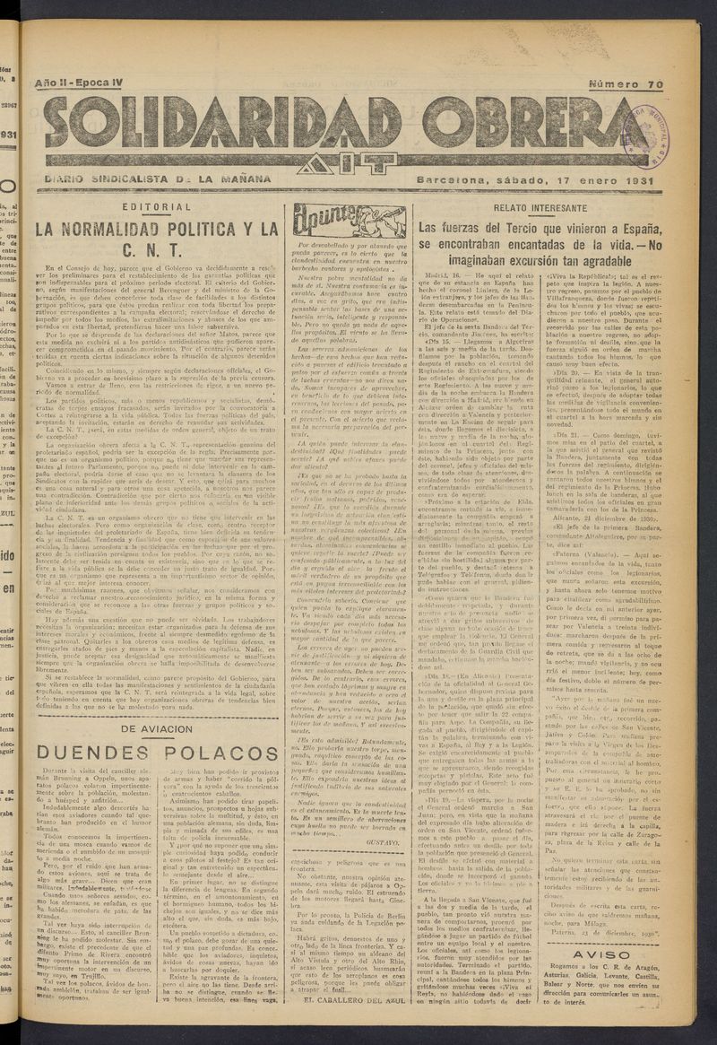 Solidaridad Obrera: diario de la maana del 17 de enero de 1931