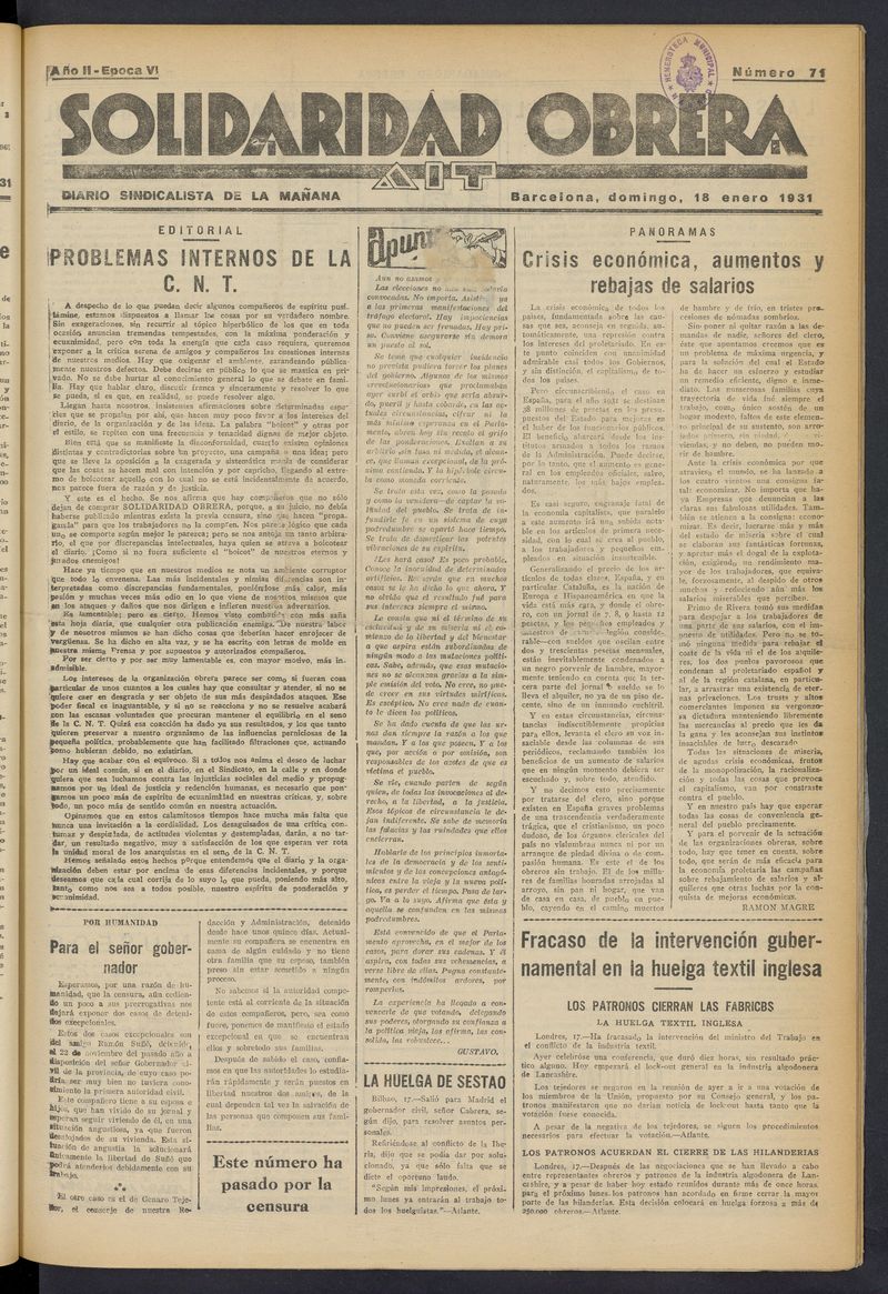 Solidaridad Obrera: diario de la maana del 18 de enero de 1931