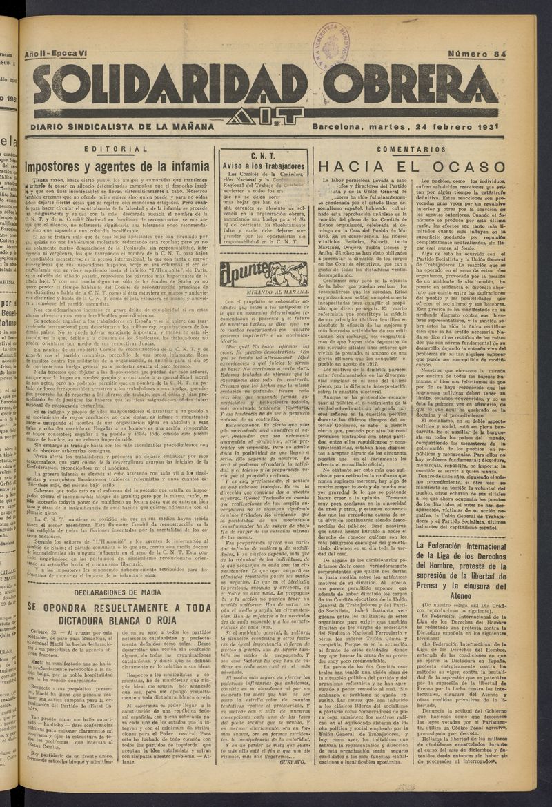 Solidaridad Obrera: diario de la maana del 24 de febrero de 1931